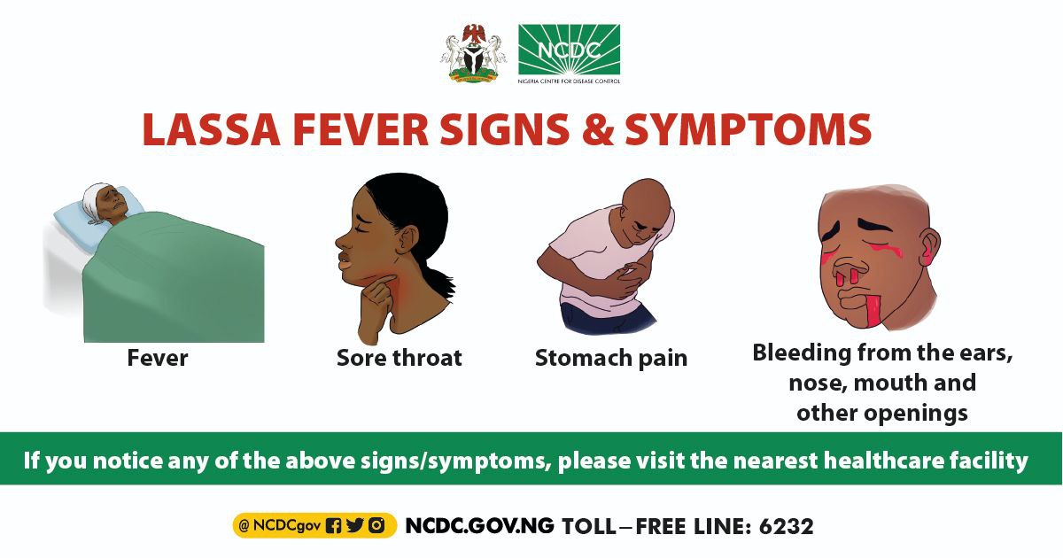 A suspected case of #Lassafever is anyone with associated symptoms AND/OR

✅History of contact with excreta/urine of rodents
✅History of contact with a probable/confirmed case within 21 days of onset of symptoms
✅Unexplainable bleeding

Visit a healthcare facility early when…