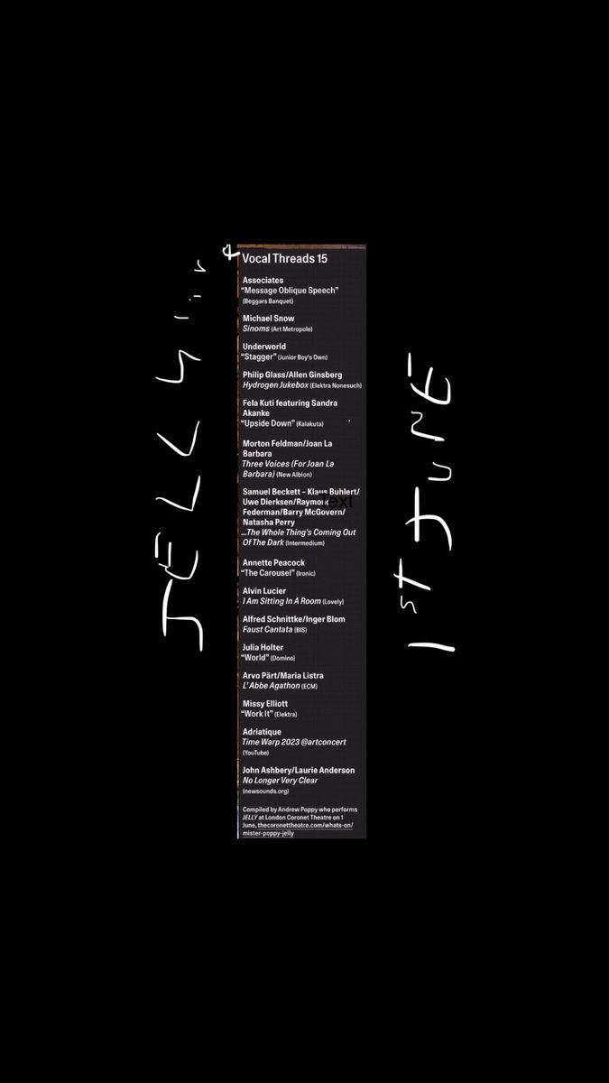 The  Wire asked me for a themed top 15. 

Here is ‘JELLY vocal threads.’
Interested to hear your thoughts. 

You can ponder the connections at JELLY live on 1st June at the Coronet theatre tickets on sale now.