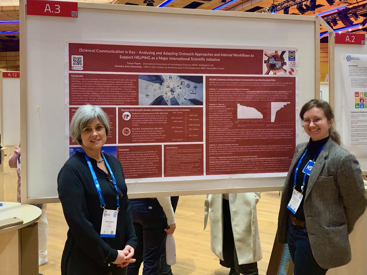 It was a pleasure to present our poster on science communication challenges in #HELPING, the new scientific decade of the <a href="/IAHS_AISH/">IAHS_AISH</a> , together with communications officer Tarryn Payne at #EGU24! Thanks to everyone who stopped by to discuss and exchange!