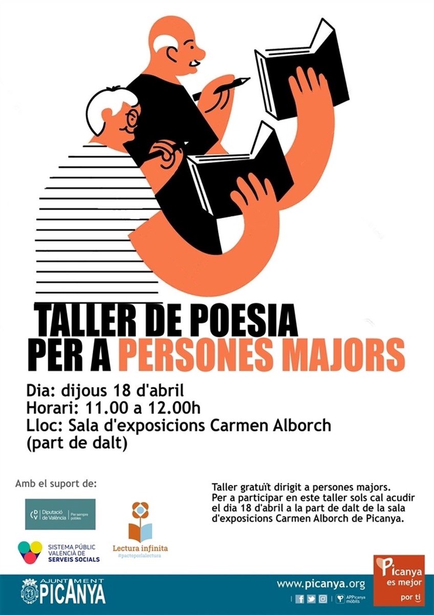 Estamos en Picanya (Valencia), a punto de iniciar un taller de poesía para personas mayores. Trabajaremos la imaginación y la creatividad y jugaremos como siempre con la poesía. ¡Os esperamos! #poesia #pactoporlalectura #literatura