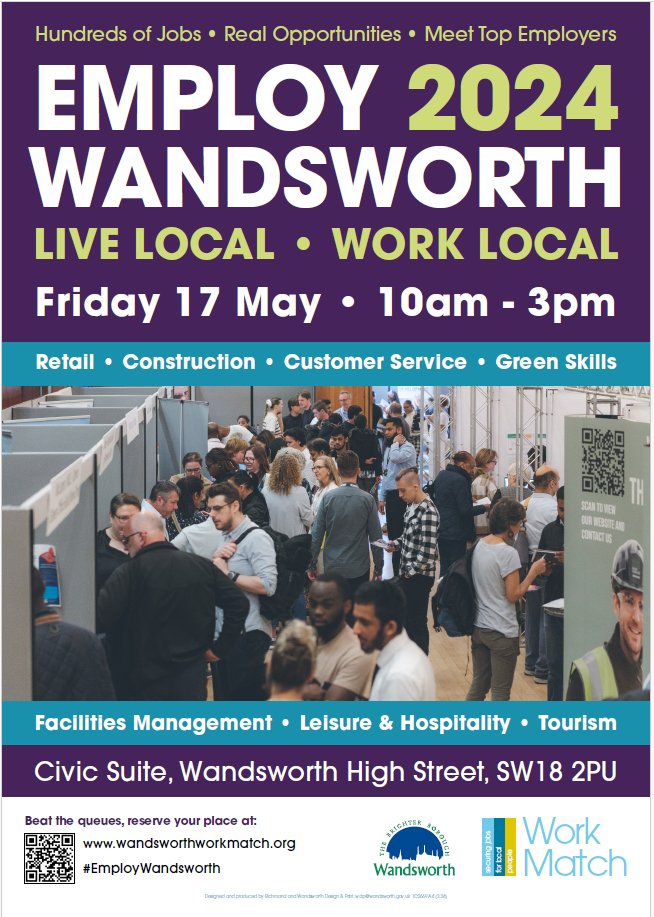 In 4 weeks, we host our annual #JobFair #EmployWandsworth @ Wandsworth Civic suite on17th May Entry is free to #wandsworth residents Meet⬇️ Employers & discover #LocalJobs Local Training providers Learn about Green Skills & Domestic Retrofit Book here👇 tinyurl.com/26wubfj7