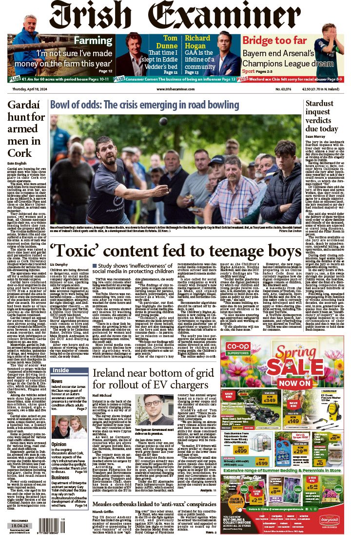 📰 Front page of @irishexaminer this morning 

@Noeline_B @ChildRightsIRL responding to #rtept & the need for the new #OnlineSafety Code to hold platforms accountable 

And new research from @debbieging @AntiBullyingCen on how algorithmic recommenders promote toxic content 👇