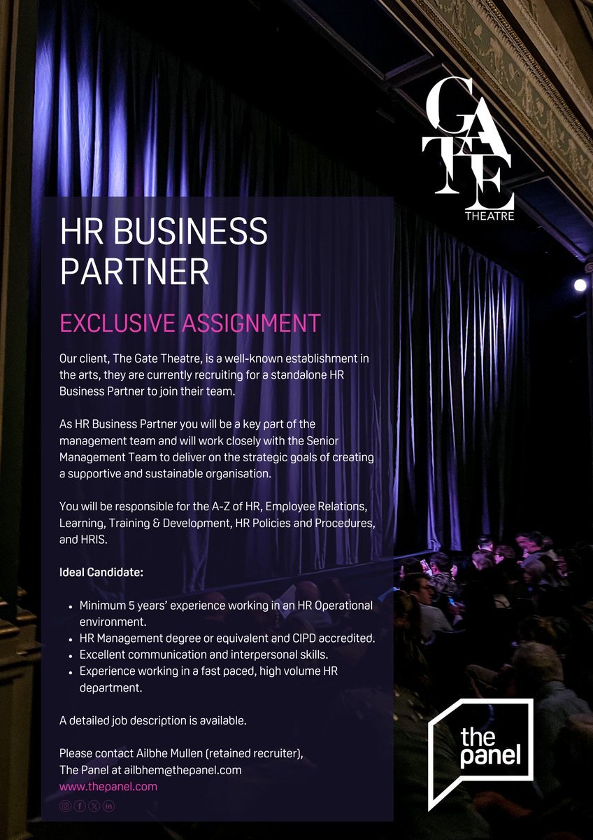 **Exclusive Assignment**
The Panel is exclusively engaged to source an HR Business Partner  (thepanel.com/job/48832/hr-&…) for our client, the Gate Theatre.

For more information, contact Ailbhe at ailbhem@thepanel.com

#jobfairy #businesspartner #hrgeneralist #hrmanager #cipd