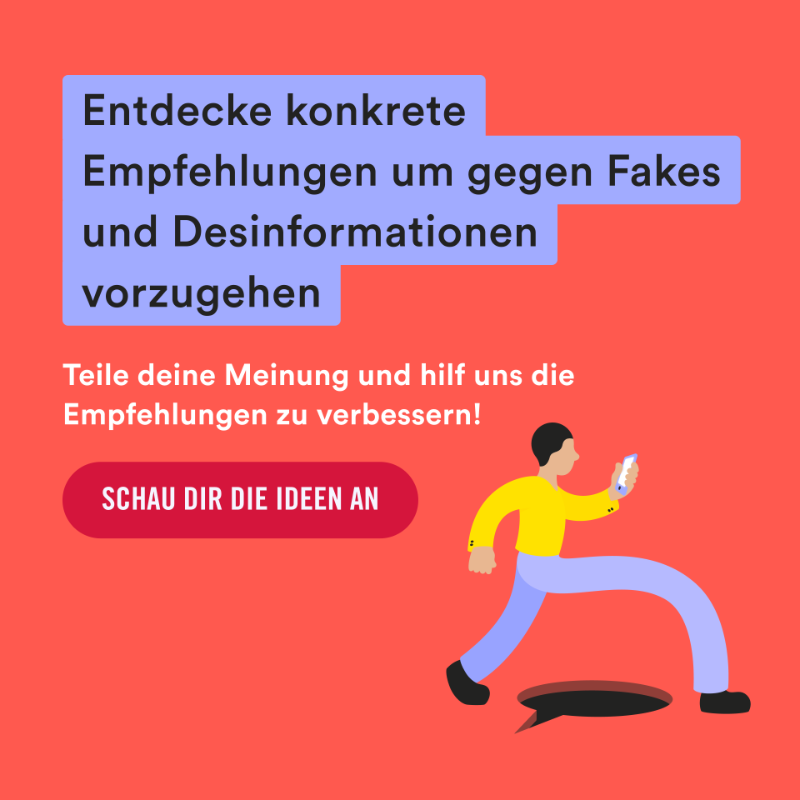 Make_orgDE's tweet photo. Schließe dich dem Kampf gegen Fakes an! Bürgerinnen und Bürger haben Ideen gegen Desinformation entwickelt. Jetzt bist du gefragt: Teile deine Meinung auf unserer Online-Plattform! ⏬