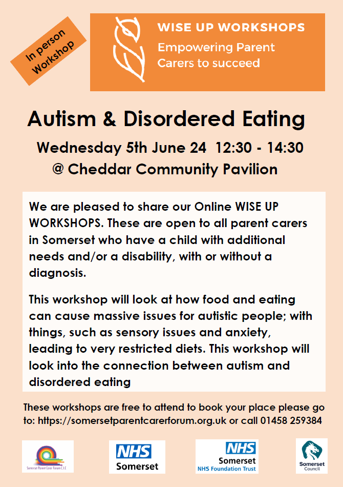 FREE Autism & Disordered Eating Workshops To book your place please click on the link below👇🏻 🔗somersetparentcarerforum.org.uk/home/wise-up-w…