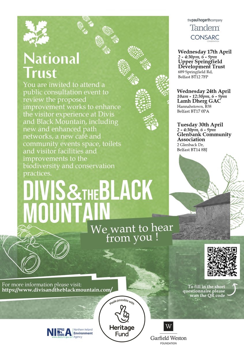 The final public consultation with @NationalTrustNI as part of the improvement works to Divis and the Black Mountain, takes place tomorrow at Glenbank Community Association. If you haven't been able to make the sessions you can submit your views here: divisandtheblackmountain.com