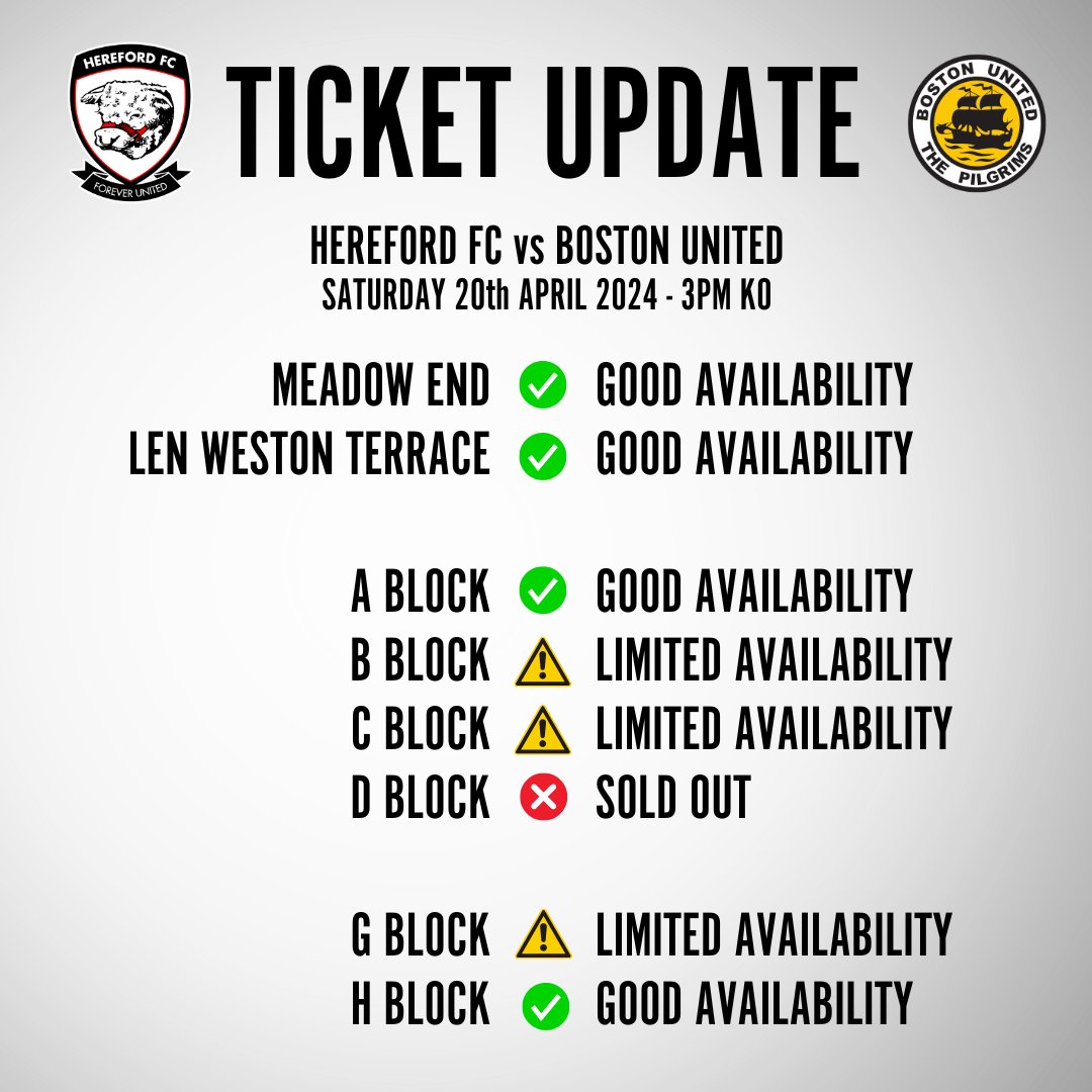 TICKET UPDATE | We can't wait for Saturday and it's looking like it's going to be a bumper crowd! Grab your tickets now to avoid missing out! herefordfc.ticketco.events/uk/en/e/boston…