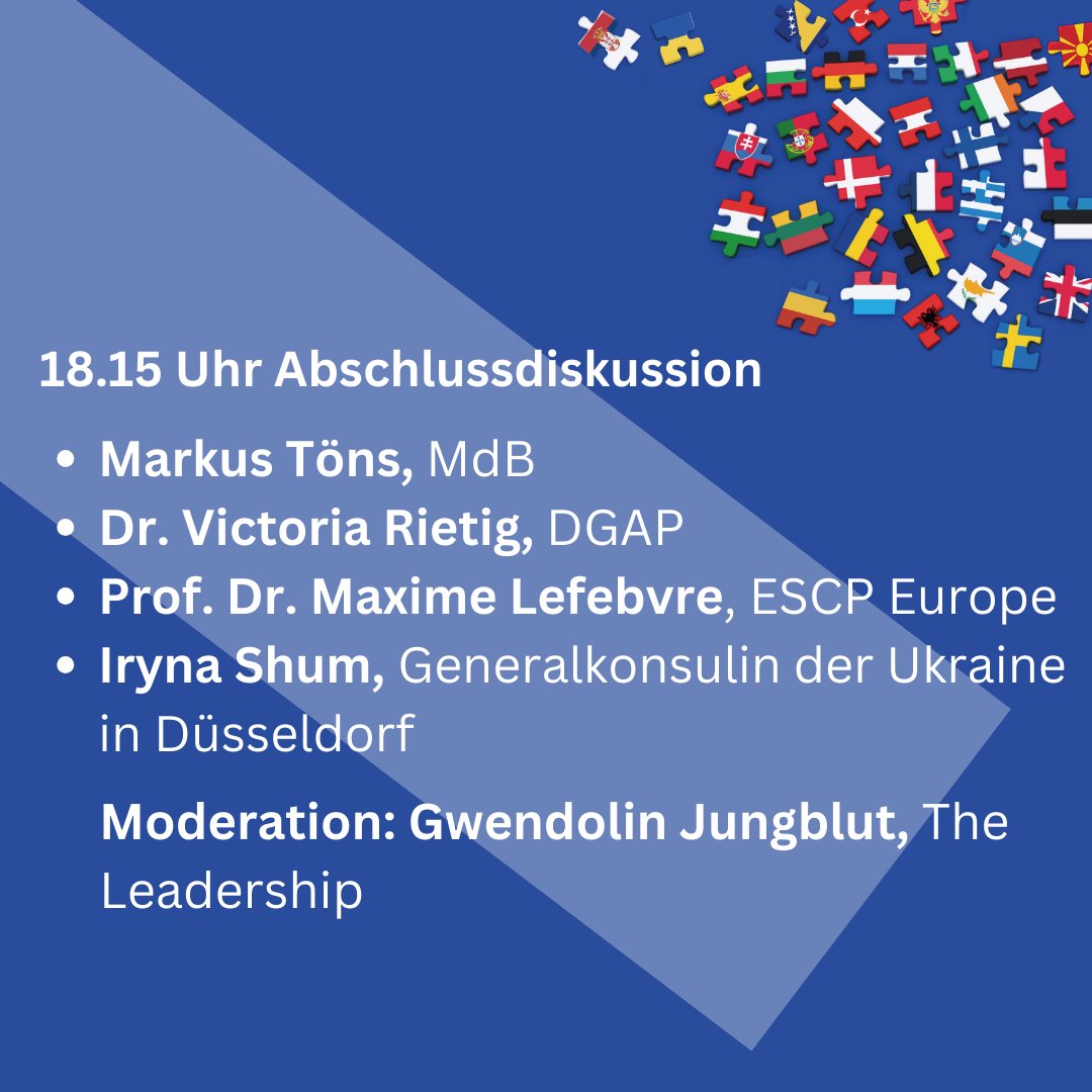 🇪🇺 Wir feiern den Europatag mit Workshops und einer Podiumsdiskussion zum Thema "Wo endet Europa?". 

Mit <a href="/VRietig/">Victoria Rietig</a>, <a href="/Toens_NRW04/">Markus Töns</a>, <a href="/iryna_shum/">Iryna Shum</a> und Maxime Lefebvre. Moderation: <a href="/gwenjungblut/">Gwendolin Jungblut</a> 

Anmeldung: shorturl.at/CMNP6

In Kooperation mit der @FESNRW und dem CERC