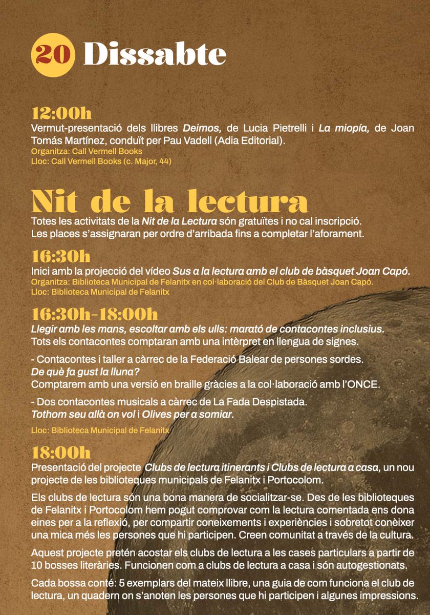 AjFelanitx's tweet photo. 👉🏻 Les Biblioteques de Felanitx han preparat tot un seguit d'actes que per fer-vos gaudir del món dels llibres. Contacontes, música, lectures en espais singulars del poble, el documental 'De figues i llavors' i el llibre 'El meu entorn' sobre la figura d'Andreu Maimó... https://t.co/w0tu1qVeKc
