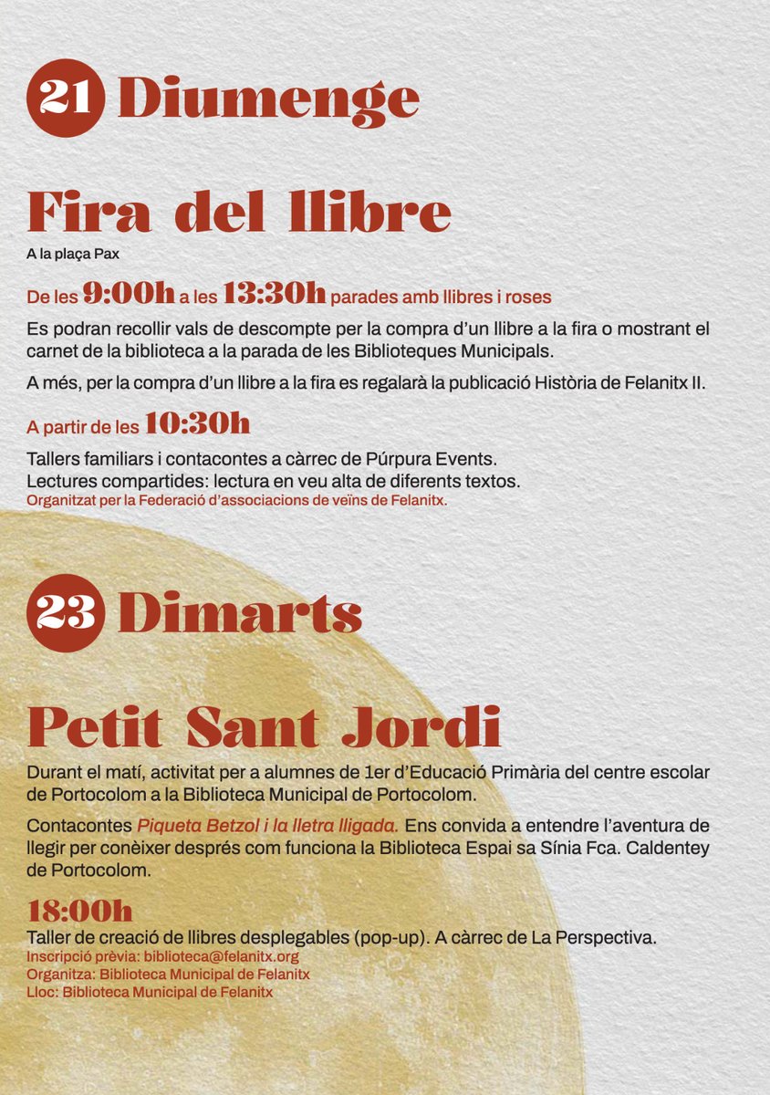 AjFelanitx's tweet photo. 👉🏻 Les Biblioteques de Felanitx han preparat tot un seguit d'actes que per fer-vos gaudir del món dels llibres. Contacontes, música, lectures en espais singulars del poble, el documental 'De figues i llavors' i el llibre 'El meu entorn' sobre la figura d'Andreu Maimó... https://t.co/w0tu1qVeKc