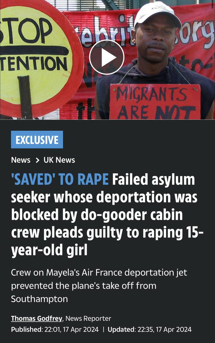 An illegal immigrant onboard an @AirFranceUK @AirFrance flight was due to be deported, but the cabin crew refused to depart with him onboard. He then won a human rights case for leave to remain here and went onto attack a 15 year old girl & violently rape her, the court said…