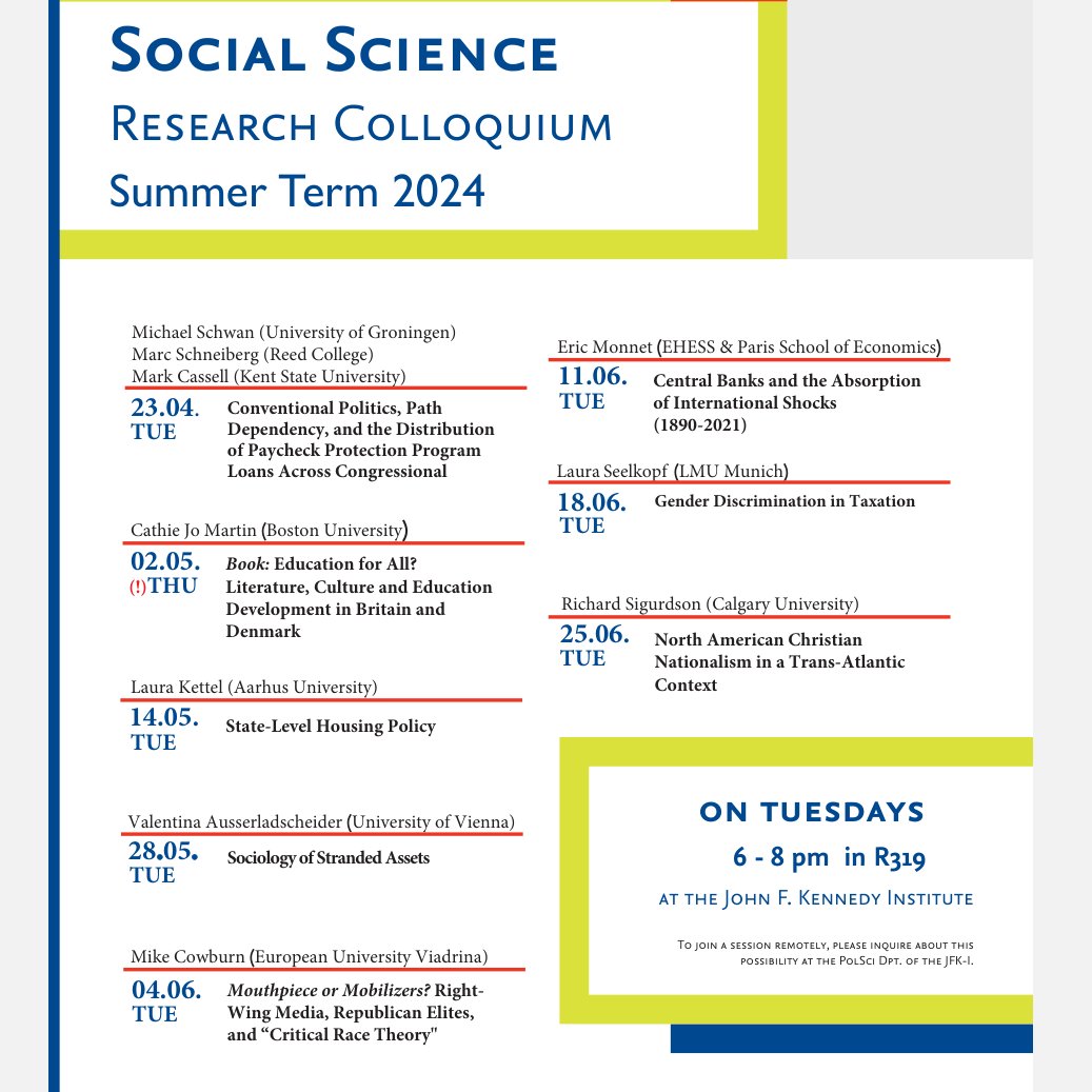 Join us this term for our social science research colloquium @jfkinstitutefub with great political-economy talks by Éric Monnet, CJ Martin, Marc Schneiberg/@Polisci_Prof Michael Schwan, Richard Sigurdson @V_Apunkt @LauraSeelkopf @cowburn86, @kettel_laura 👇