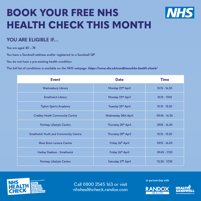 👨‍⚕️ If you are aged between 40 - 74 and don't have a pre-existing health condition, you may be eligible for a free NHS Health check. Follow the link below to check your availability and book your place at one of our pop up clinics. 👇 nhshealthcheck.randox.com/eligibility/