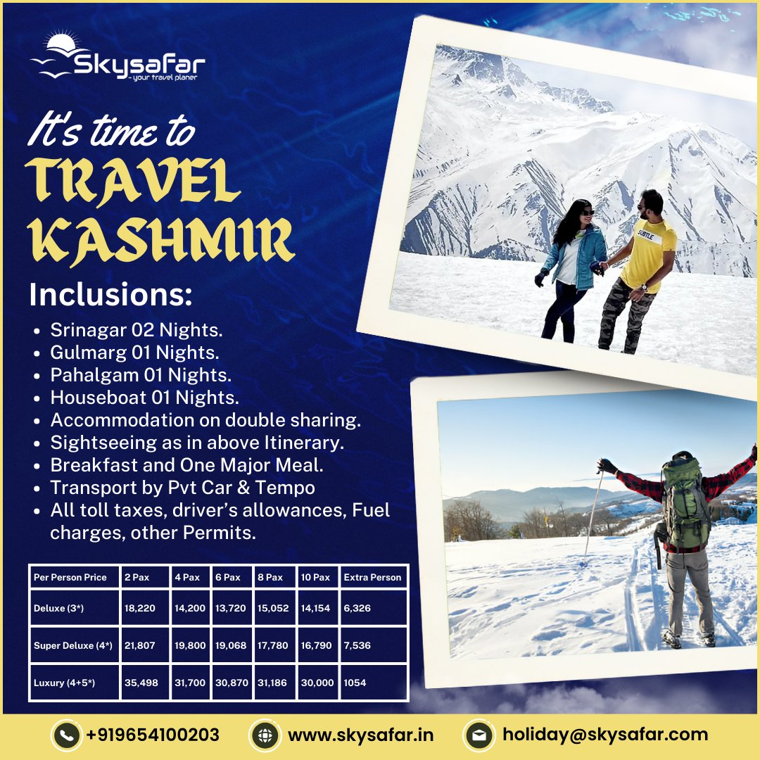 Kashmir Tour Package 5N/6D
Call for Bookings : 9654100203
Email : support@skysafar.in
Web: skysafar.in/tours/kashmir-…
#skysafar #nepaltour #nepal #visitnepal #nepali #pokhara #nepaltourism #nepalphotography #nepaltravel #nepalvisit #nepalipeople #explorenepal #travel #nepalifood