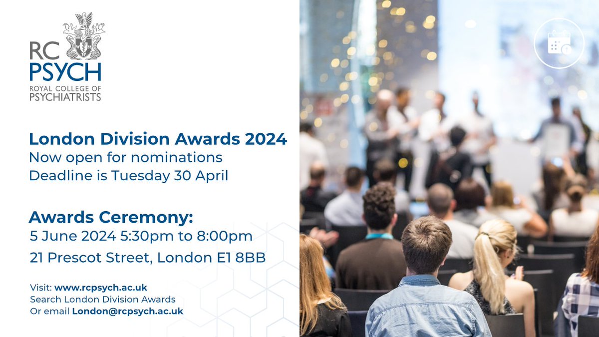 Exciting news! The deadline for the London Division Awards 2024 has been extended to 30 April 2024.  Make your nominations now. rcpsych.ac.uk/members/englan… 
#LondonAwards2024 @SuhanaAh @DrBradHillier2 @sbonaccs @DianeGoslar @EmmelineLagunes @lucapolledri