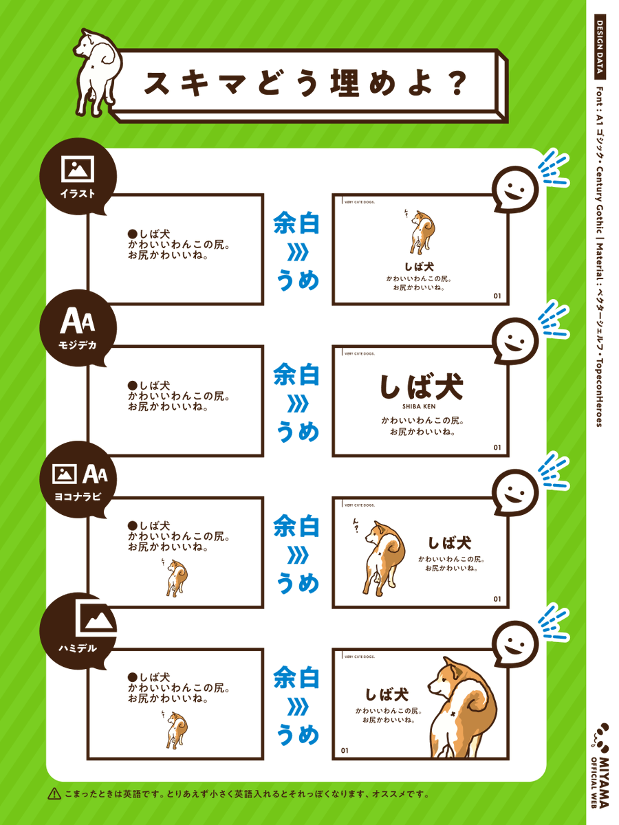 mmmiyama_D's tweet photo. 【３行のダサ資料→５分でオシャレに！】
あえて一行とか、数行の短文にした資料ってありますよね

１ページの情報量が多いと人の脳は混乱→「うわ、細かい文字読みたくないないな～、でも仕事だから読まなきゃ…」→脳が疲れる→最後の意思決定時に記憶に残らないことが多いです

そんなとき、優秀な営業さんやデザイナーは１ページの情報をギューッとしぼって（詳細は次のページにするなどして）注目を集めたりするわけですが…

デザインやってないと、下の図の左みたいな仕上がりになりますよね💦

ということで、
ちょっと文字をデカくしたり
ちょっとビジュアル入れたり
強弱つけて中央ぞろえにしたり
するだけで、５分で簡単オシャレにするコツをご紹介です！

慣れたら３分とかでできますので、ぜひ↓の画像をご参考にマネしてみてくださいね😊

＝＝＝
さて、ここからは長文を読んでくださった方にプチ情報プレゼントです

今回の図解でも採用してますが、画像と文字を横並びにするときは原則、
左に絵＆右に文字
が良いとされています！

その理由は…ふだん買ったり、よく見てるアマゾンとかのレイアウトは大抵「左に絵＆右に文字」になってるから

この応用で、例えばボタンデザインも超大手アマゾンに寄せる（訴えられない程度に）すると、いつも買ってるボタンに似てるので無意識下で抵抗感が薄れる→購入されやすくなる…という仕組みです（笑）

もちろん例外もありますが、今まで無策だった方は「超大手の権威性をお借りする（くれぐれも訴えられない範囲で！丸パクリはダメ！）」を意識すると効果的なデザインや資料ができますよ

お試しくださいね😊