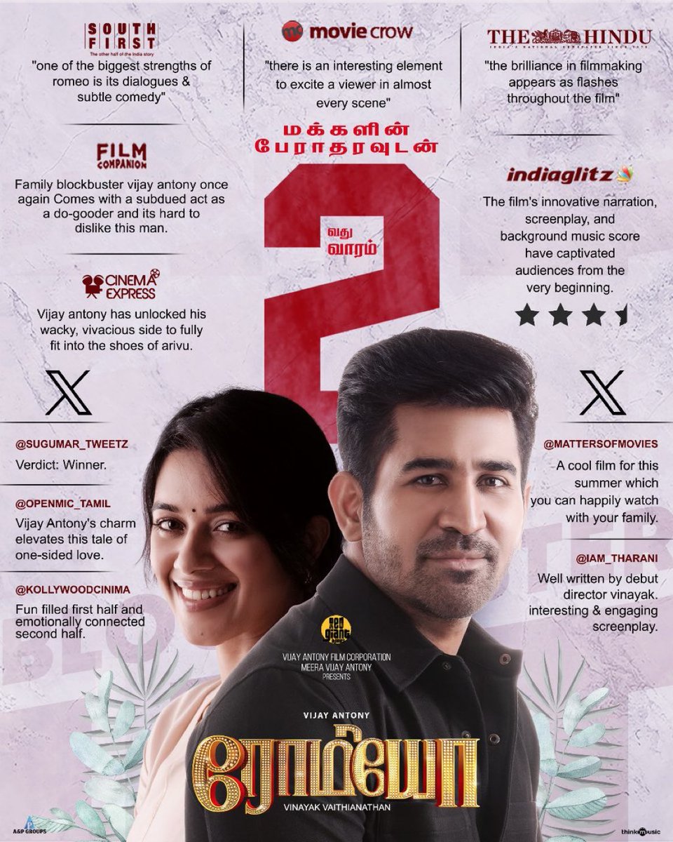 Enters 2nd week and the love for #Romeo🌹 is stronger than ever💫 Don't miss out on the feel-good entertainer of the year in theaters🍿 Book now tr.ee/dtK9l_VZjT #RomeoRunningSuccessfully🔥 @vijayantonyfilm @RedGiantMovies_ @aandpgroups @vijayantony @gobeatroute