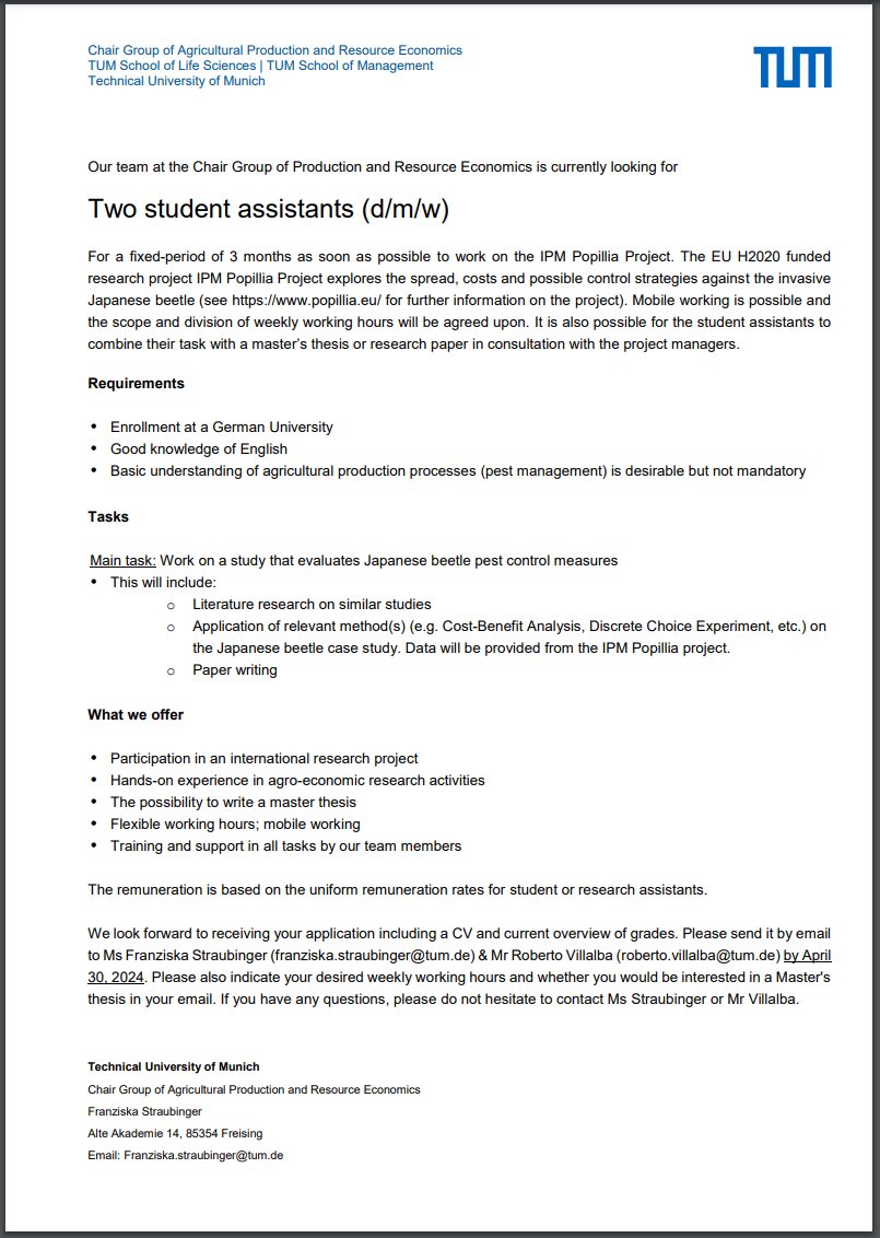 Currently looking for a student assistant job & interested in alternative pest control? If you are enrolled at a German university, then the following position might be just right for you. 🐞👨‍🌾
ep.mgt.tum.de/fileadmin/w00c…

#studentassistant #vacancy #pestmanagement #agriculture