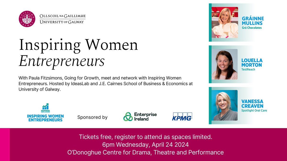 #InspiringWomenEntrepreneurs helps women to determine their ambitions & go on to establish businesses that are scalable, innovative and focused on export markets. @GoingForGrowth @TestReachOnline @spotlight_ocare & @gra_chocolates Book your place now! ticketsource.eu/whats-on/irela…