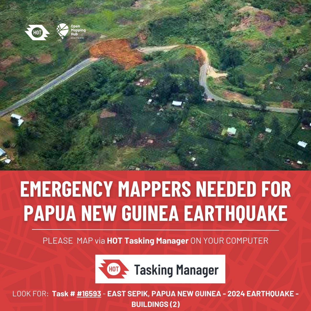 Calling all mappers! A 6.9 earthquake hit flood-affected East Sepik region, in Papua New Guinea. Support task #16593 to map buildings and provide local base data that will aid the response and recovery efforts by responders on the ground. 📌 Map here: tasks.hotosm.org/projects/16593…