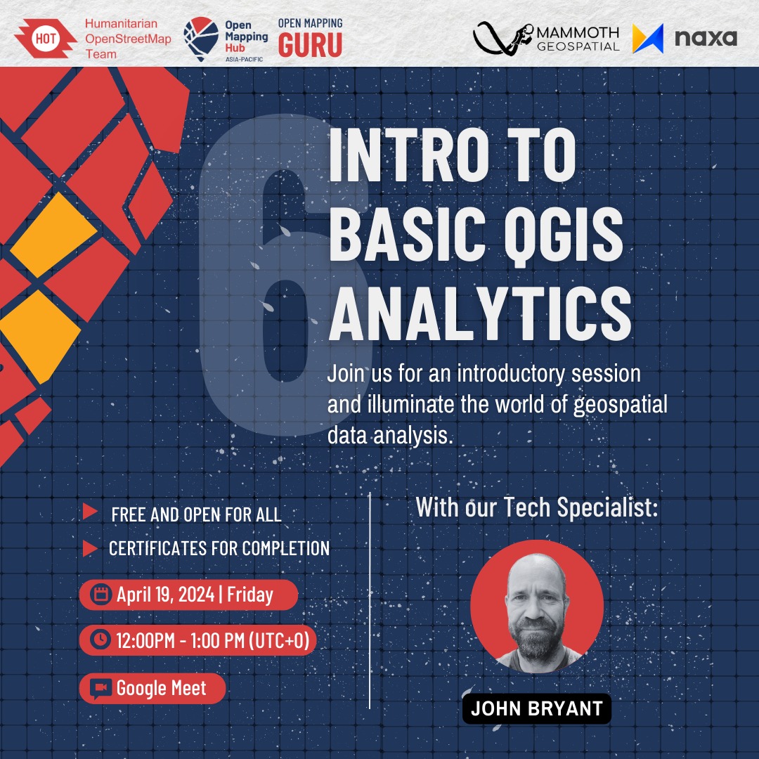 FREE Intro to Basic QGIS Analytics Training on April 19 | 12:00 PM UTC +0! Learn how open map data can be used in QGIS to produce analytical insights. Sign up now: forms.gle/cZd83jEXku9K9T… Supported by HOT's Tech and Data Team through the Open Mapping Guru Project! #OMGuru