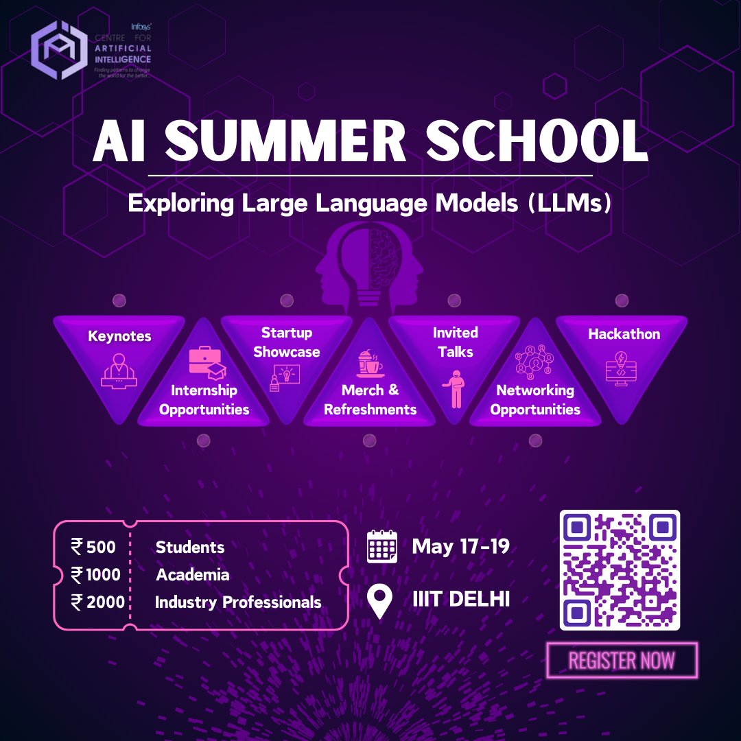 Join us at the AI Summer School at IIIT Delhi on May 17th-19th, 2024, a hub for delving into the vast potential of Large Language Models (LLMs). Register here: lnkd.in/gCFuSEMY @IIITDelhi @iiitdcai #AISummerSchool #IIITDelhiEvent #LLMConference #AIInnovation