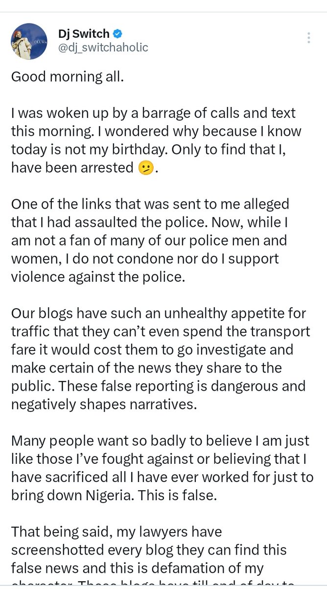ItsPleasant's tweet photo. RT @PulseNigeria247: DJ Switch debunks arrest by the Nigerian Police, set to sue blogs for fake news. https://t.co/vANKVq7V0Y