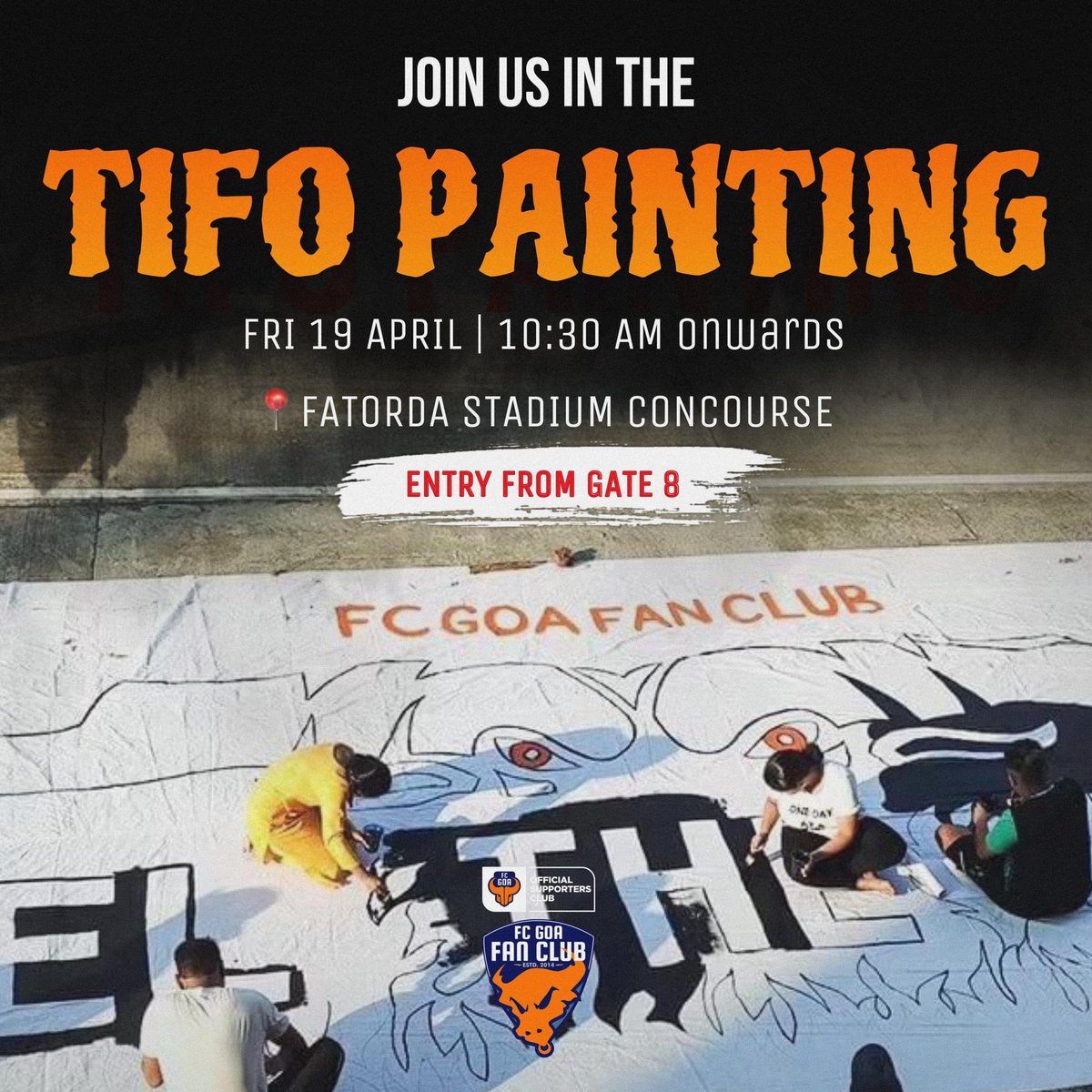🙌 Join us to Pull This Masterpiece..! We need all the hands available 🧡🙏

Let’s make this #ISLPlayoff special by creating Goa’s Biggest Hand Painted Tifo

#FCGoa #FCGoaFanClub #ForcaGoa #VamosGoa