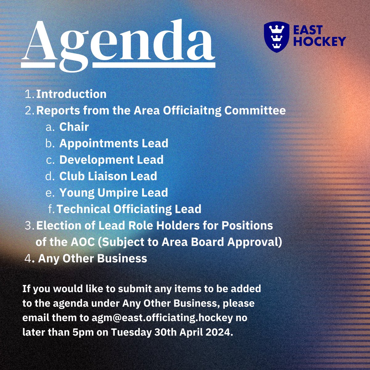 EastOfficiating's tweet photo. 🚨 IMPORTANT 🚨 Join us on Wednesday 8th May for our AGM! Attendance Registration Form and Committee Nomination Form available at https://t.co/kfZPwqluzh Nominations &amp; Registration Deadlines are  23rd April &amp; 30th April. Sent any AOB by the 30th April too. 

#eastofficiating https://t.co/OLomSNqH5v
