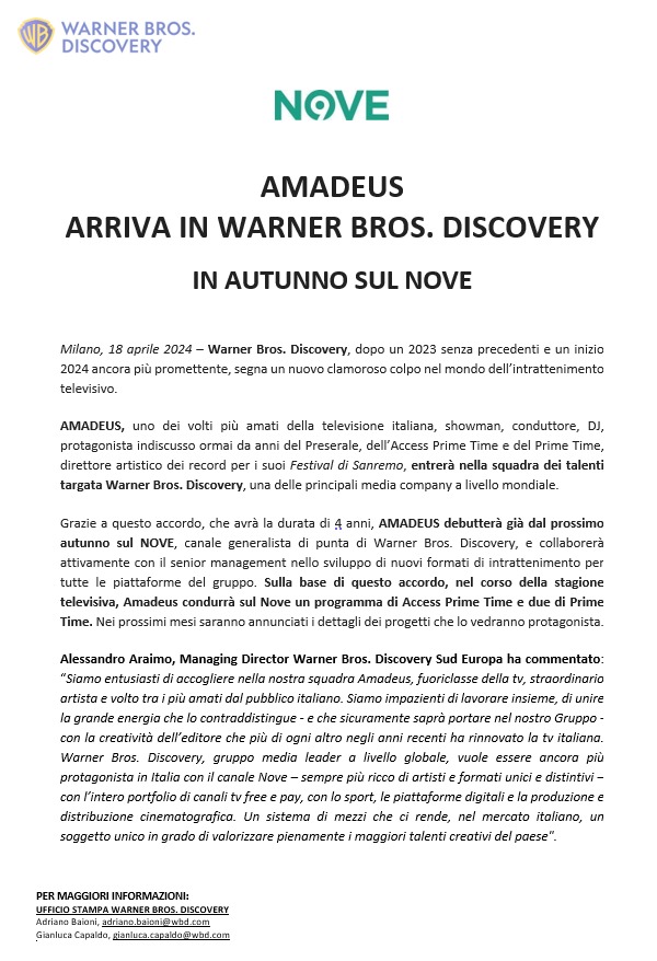 DiscoveryItalia's tweet photo. #Amadeus arriva in Warner Bros. Discovery. In autunno sul @nove https://t.co/C9JinyB845