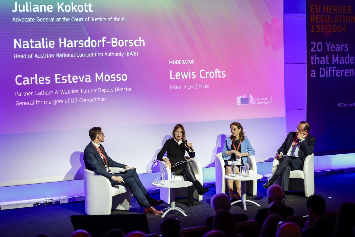 EU_Competition's tweet photo. Compelling perspectives shared by the speakers at Panel 1 on “Looking back on 20 years of applying #EUMR” 

With 
🎙️ Juliane Kokott
🎙️ Nathalie Harsdorf-Borsch
🎙️ Carles Esteva Mosso

Moderated by @lewis_crofts

Follow the live here 👇
📺 https://t.co/TgkOkI5VMS

#20yearsEUMR https://t.co/w2o5n5NoS4