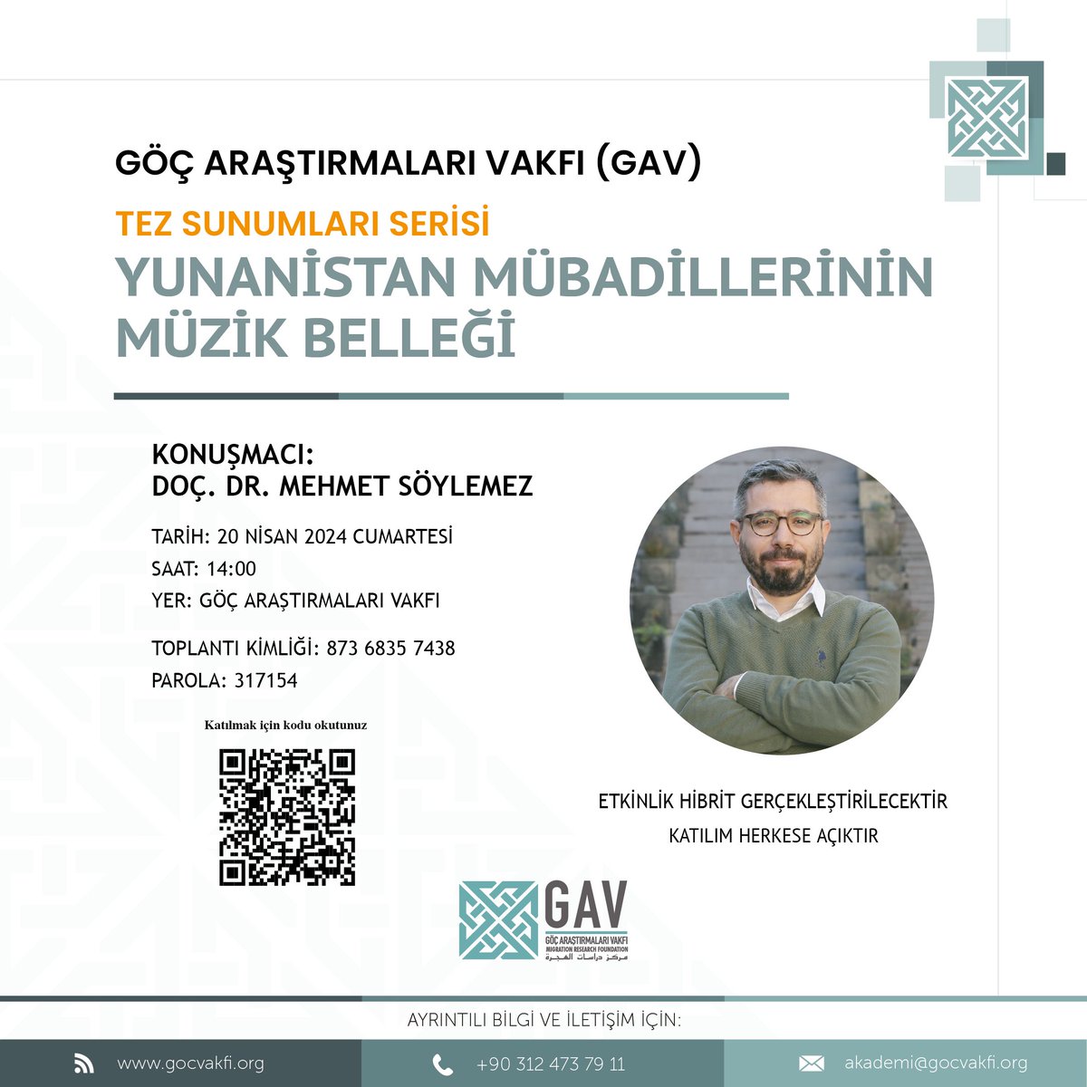 📌Tez Sunumları Seminer Serimiz Devam Ediyor! Doç. Dr. Mehmet Söylemez, 20 Nisan Cumartesi günü 'Yunanistan Mübadillerinin Müzik Belleği' başlıklı semineriyle bizlerle olacak. Hem yüz yüze hem de çevrim içi olarak gerçekleşecek etkinliğimize katılım herkese açıktır.