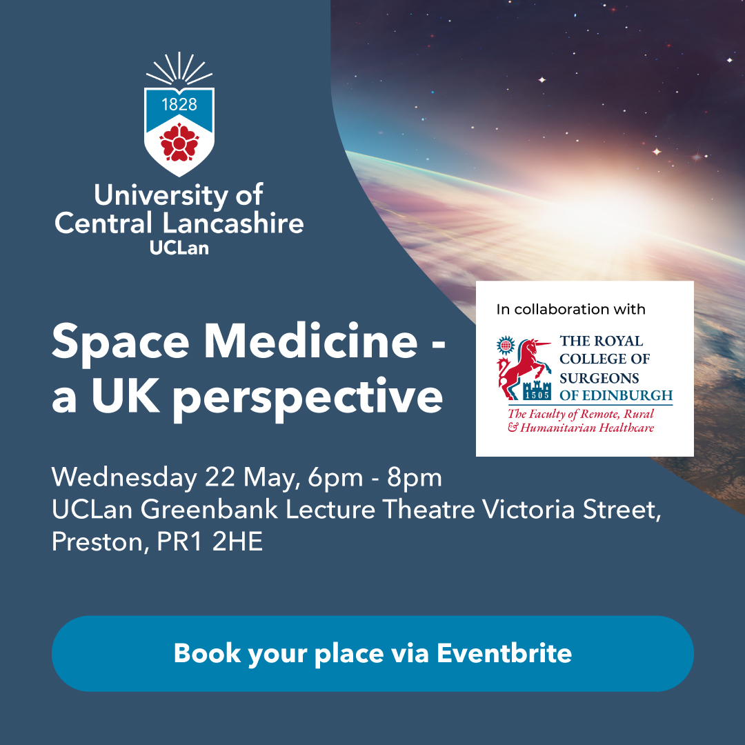 We are collaborating with @UCLan for a fascinating event exploring Space Medicine on Wed 22 May. Get an insight into the role of space doctors and learn about the impact of space exploration on the human body! This event is free to attend. Book here: bit.ly/3JmODOH