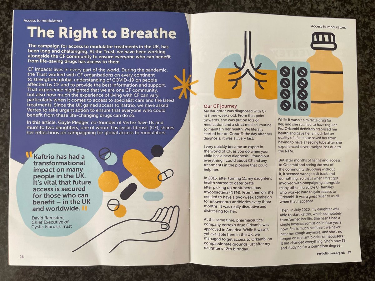 Good to see an article about the Right To Breathe campaign with <a href="/VertexSaveUs/">Vertex Save Us</a> co-founder <a href="/gayle_pledger/">Gayle Pledger</a> in <a href="/cftrust/">Cystic Fibrosis Trust</a> magazine #CFLife

Fascinating read about how a grass roots organisation is making change happen for CF patients around the world

Read here:
cysticfibrosis.org.uk/the-work-we-do…