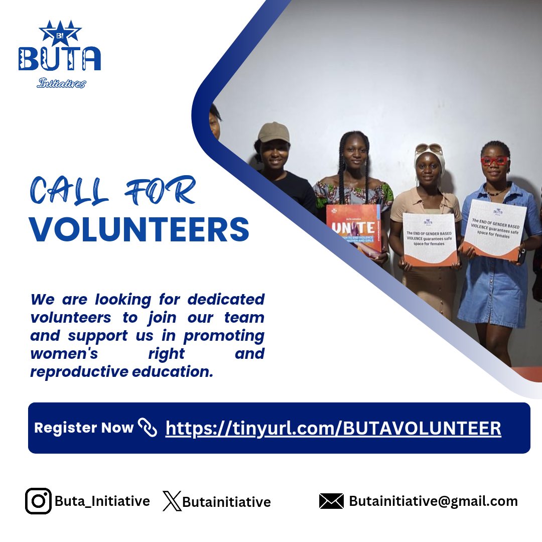 ButaInitiative's tweet photo. Are you passionate about driving positive change in your community? Are you interested in promoting women's right and reproductive health advocacy? Then we have an opportunity for you. Join us as a Volunteer today.

Apply now https://t.co/gPihYdjOTl
#BUTAInitiative  #SRHR https://t.co/vtezMm0Zj6