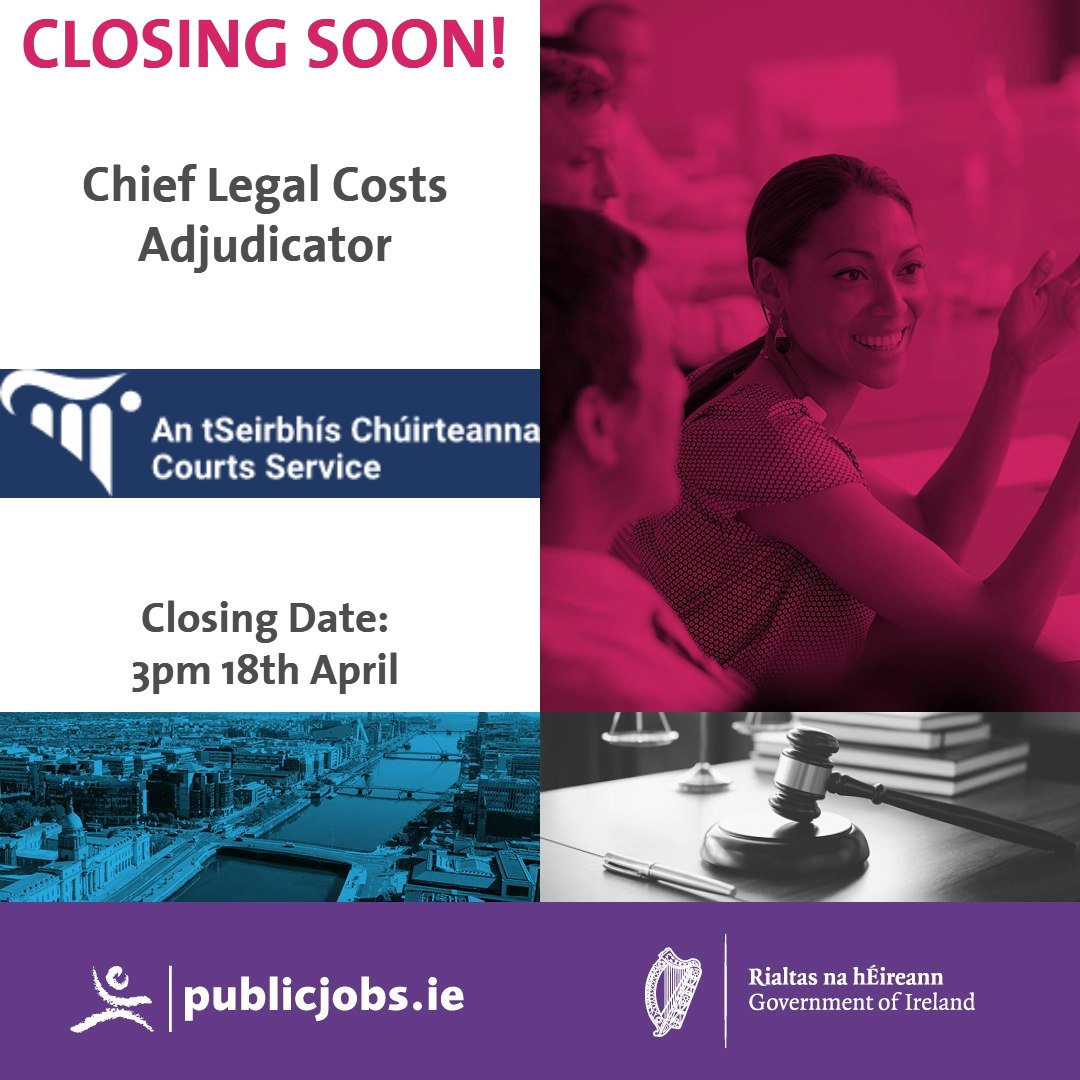 CLOSING TODAY! Apply by 3pm today, Thursday, April 18th for the Chief Legal Costs Adjudicator position with the Courts Service of Ireland. Don't miss out on this worthwhile opportunity! Apply Now! 👉 bit.ly/TW_Org_CLCA #CareersThatMatter