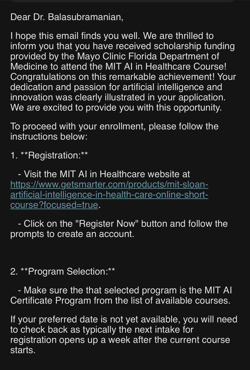 I'm thrilled about receiving this scholarship for the 'AI in Healthcare' course at MIT! I firmly believe that when AI is harnessed effectively in healthcare, it holds immense potential to enhance patient outcomes. A heartfelt thank you to @MayoClinic DOM for this opportunity!