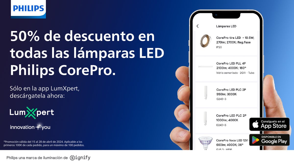 SignifyEspana's tweet photo. 🤯¿50% de descuento en las lámparas LED CorePro de Philips? 💡¡Sí! Como lo lees… solo del 15 al 28 de Abril en la app LumXpert. ¡Corre que vuelan! 👉 https://t.co/8FkdsYwXox
Calidad Philips a buen precio.
#Instalador #Electricistas #Iluminacion #ProductosLED https://t.co/GVMgK5S3UU