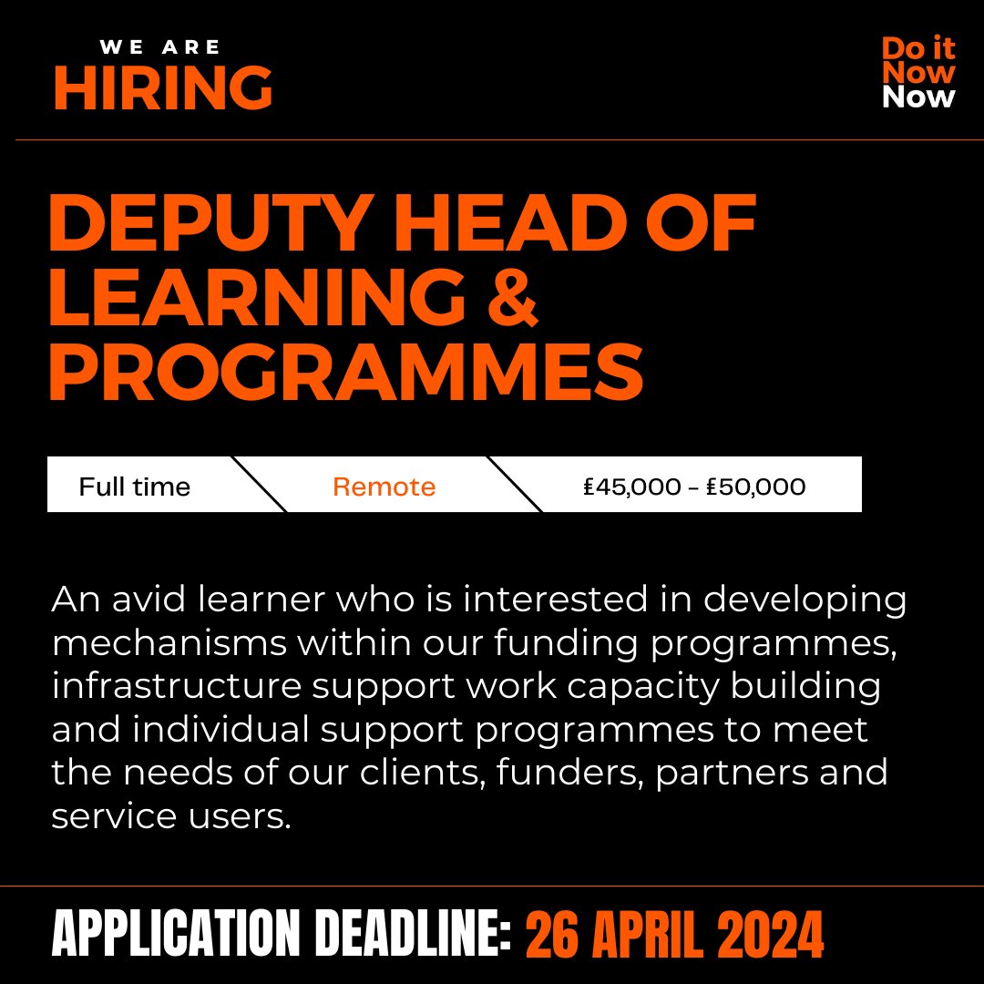 Our team is growing and we're currently on the search for a Deputy Head of Learning and Programmes!⁠
⁠
Applications close on April 26th!⁠
Apply today!

l8r.it/9tJH
⁠
#newjobole #jobpost #learningandprogrammes #socialimpact
