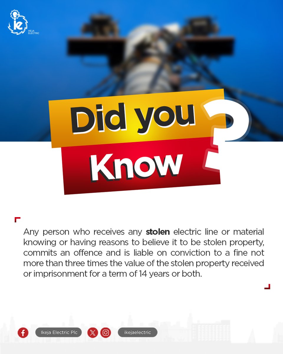 Did you know?

It is considered a criminal offense to knowingly receive stolen electric lines or materials. Those found guilty could face a fine of up to three times the value of the stolen property or imprisonment for up to 14 years, or both.
 
#PowerProtection 
#StayInformed