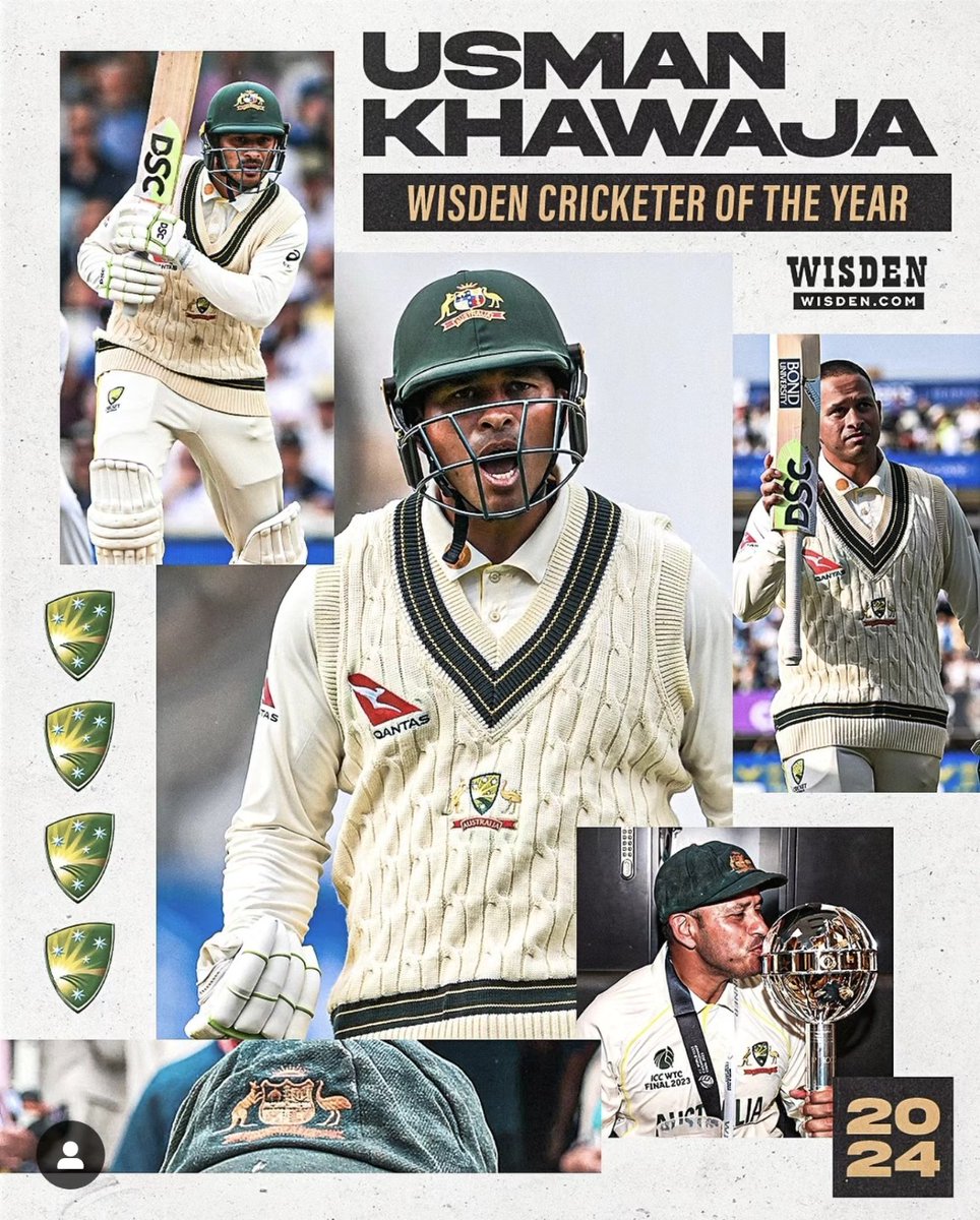 Congratulations to our Bondy @Uz_Khawaja on being awarded the 2024 Wisden Cricketer of the Year! 🥇 #cricket #cricketaustralia #UsmanKhawaja 📷: @WisdenCricket