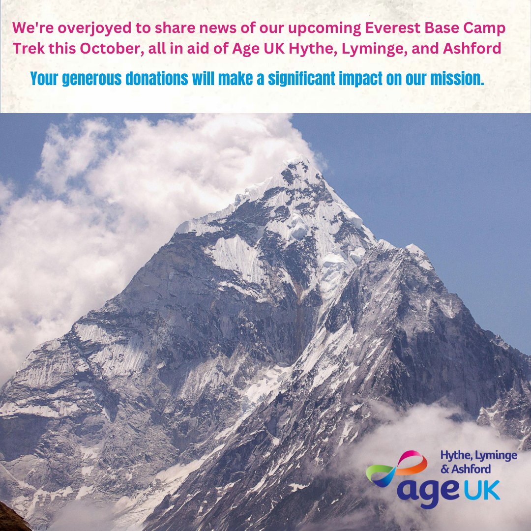 🏔️ Join us on an epic journey to the top of the world! 🌟   🙌 We're embarking on the incredible Everest Base Camp Trek to support Age UK Hythe, Lyminge and Ashford! 🎉 🌟 How can you help? gofundme.com/f/age-uk-hythe… 💪 #EverestTrek #AgeUKHytheLymingeAshford #ClimbForACause 🏔️