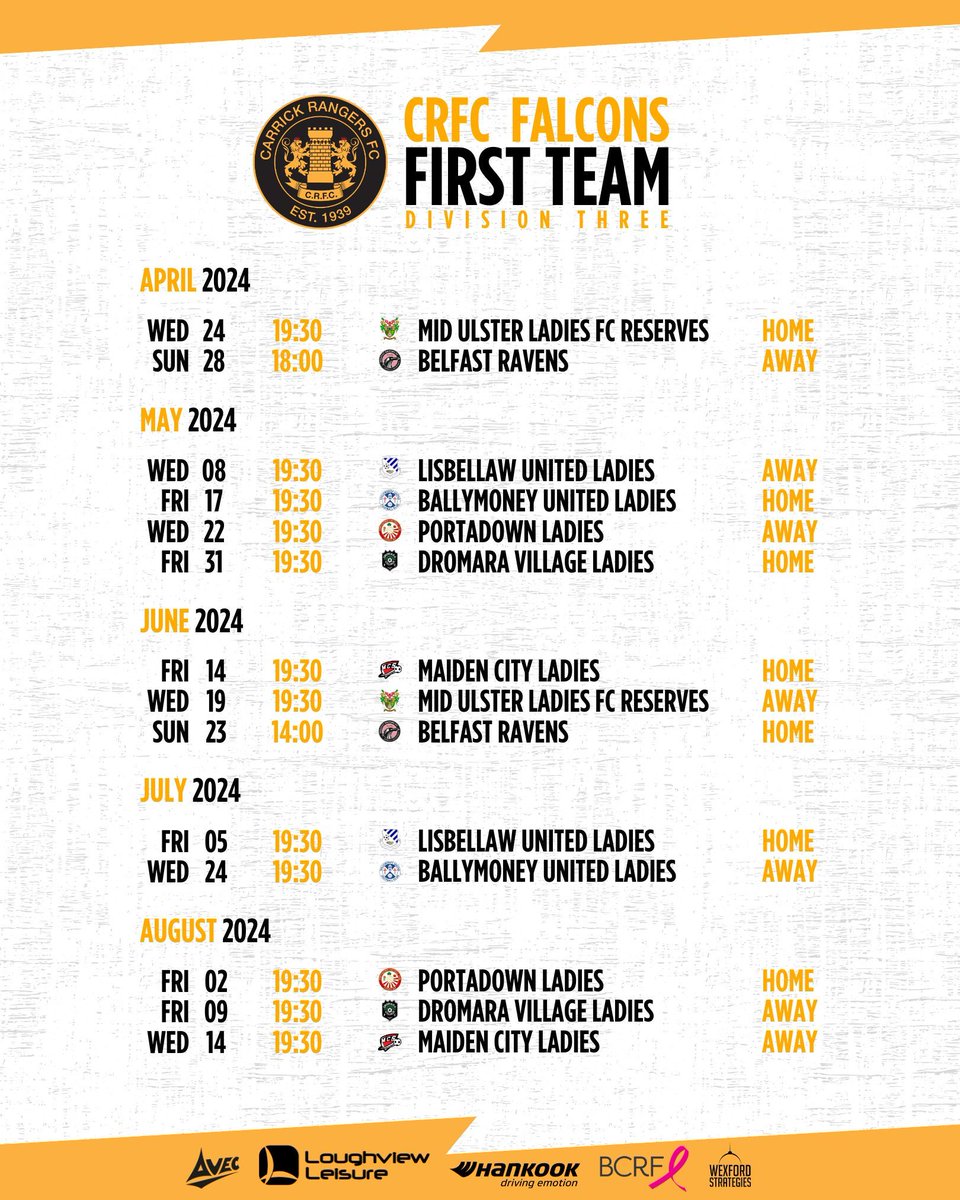 𝗙𝗮𝗹𝗰𝗼𝗻𝘀 𝗙𝗶𝘅𝘁𝘂𝗿𝗲𝘀 📆

Our First Team League schedule is confirmed for the 2024 Season. We start by hosting Mid Ulster Ladies on Wednesday 24th April at 19:30.

To add the full Falcons schedule to your calendar: ql.e-c.al/3J0ueic 

#CRFC | #AmberArmy 🟠⚫️