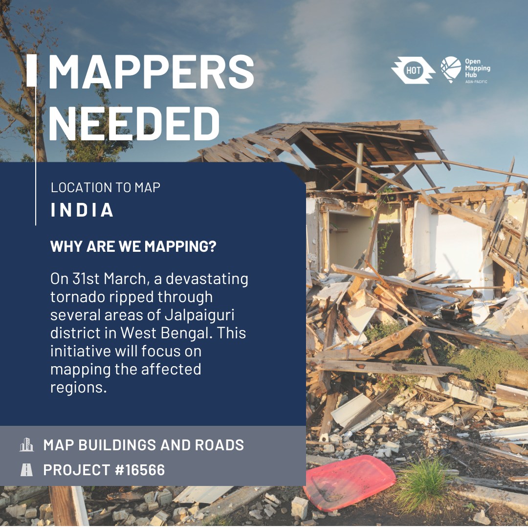 📢 Mapping support needed! On 31st March, a devastating tornado ripped through the Jalpaiguri district in West Bengal. OSM West Bengal & OSM India launched an initiative to map the affected regions to help facilitate reconstruction efforts. 📌 Map here: tasks.hotosm.org/projects/16566…