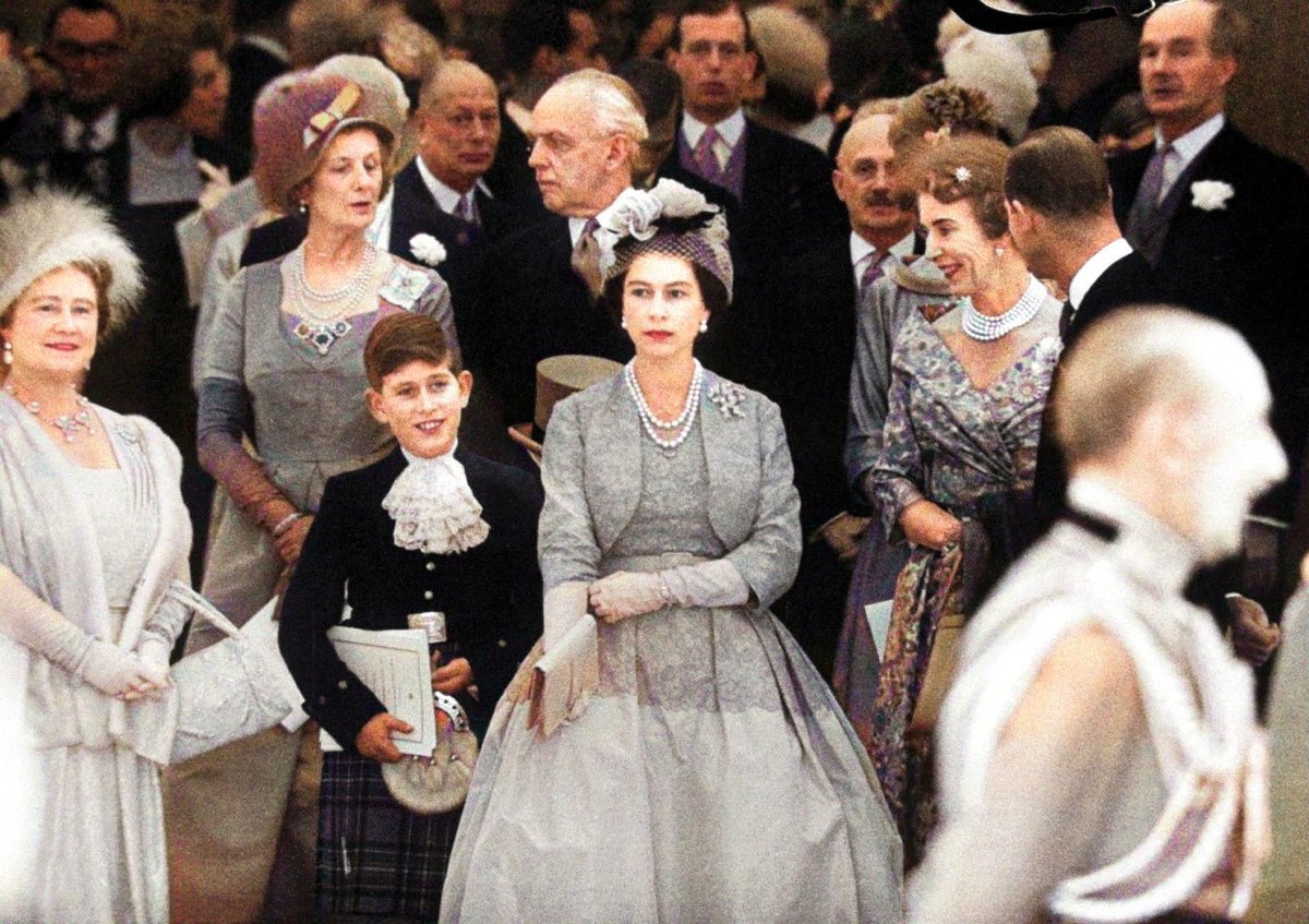 Queen Elizabeth with Prince Charles and Elizabeth II at Princess Margaret's wedding in 1960. #princessmargaret #royalwedding #1960s #swingingsixties #royalfamily #colourised