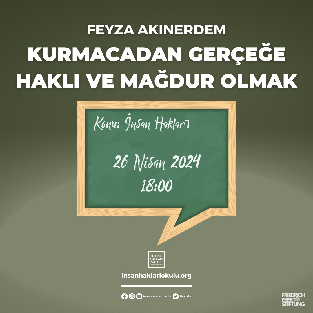 Konu: İnsan Hakları başlıklı seminer dizisinde Feyza Akınerdem (@feyza_ae) ile Kurmacadan Gerçeğe Haklı ve Mağdur Olmak üzerine konuşacağız. 26 Nisan Cuma 18.00’de başvuru formunu dolduran ilk 20 lisans öğrencisi ile İHO ofisinde bir araya geliyoruz. 👉 insanhaklariokulu.org/basvuru/view.p…