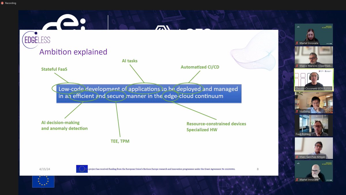 EdgelessP's tweet photo. 🌟 LIVE NOW! Our Technical Manager Claudio Cicconetti is showcasing EDGELESS at the EUCEI RIAs Showcase #4 webinar |- Future-proof solutions for cognition-enabled cloud computing.

#EDGELESS #EUCloudEdgeIoT #CloudComputing #Innovation https://t.co/v129CgmoGX