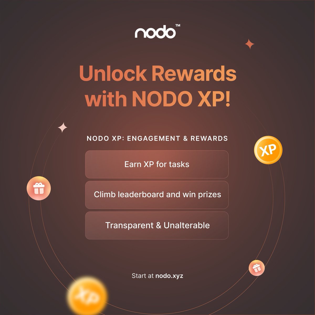 Discover the power of NODO XP by leveling up your engagement:

Complete tasks, Climb the leaderboard and earn XPs and other rewards. It's a transparent and unalterable rewards system.

Join the NODO community today: nodo.xyz