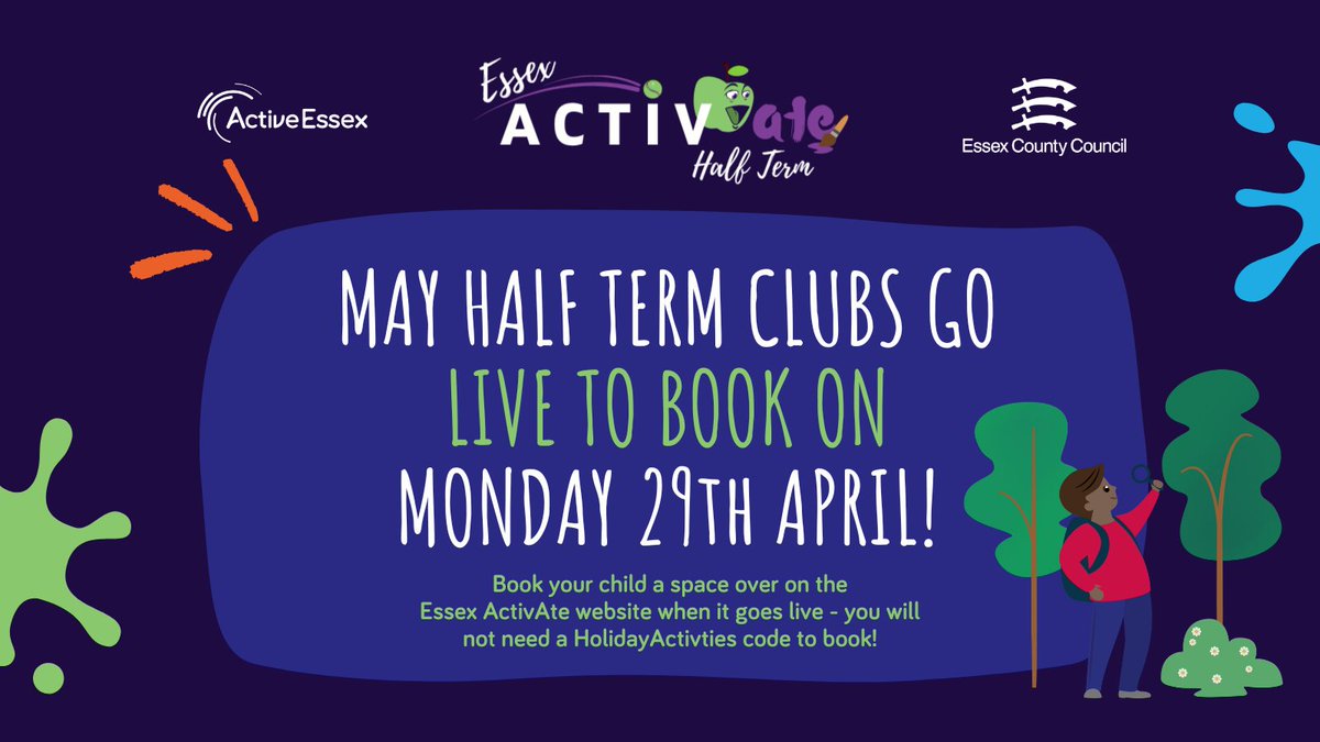 Bookings go live for May half term clubs on Monday 29th April at 12pm midday!📅 Club providers will be offering exciting activities such as outdoor adventures, sports & games, crafts, baking & more - there is an #EssexActivAte club for all!🤸 Read more: activeessex.org/children-young…