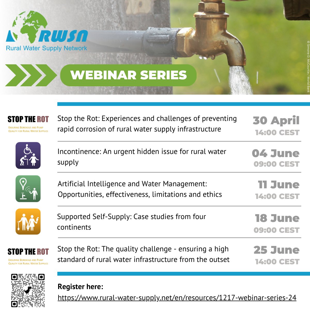 📣 We are excited to announce this year's Early Webinar Series and invite you all to register! 
The series will feature webinars of the #StoptheRot project, and the #LeaveNoOneBehind, #DataforAction, #SelfSupply themes

Register here👉 rural-water-supply.net/en/resources/1…